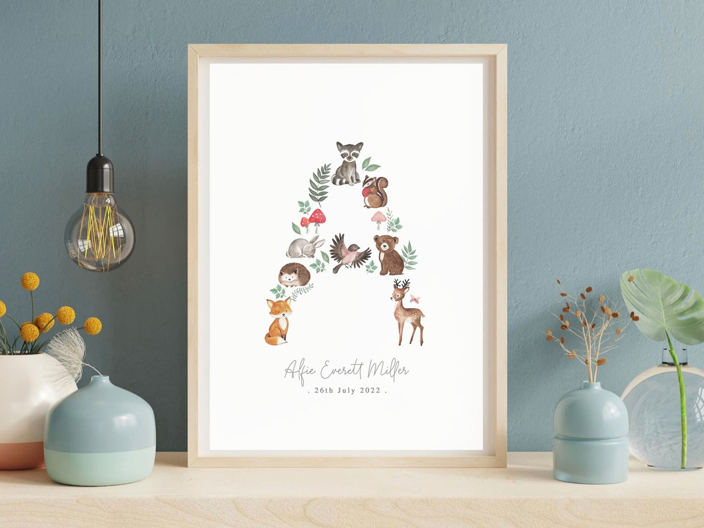 Initial Print | Watercolour Print | Newborn Print | Woodland Animal Theme Print
