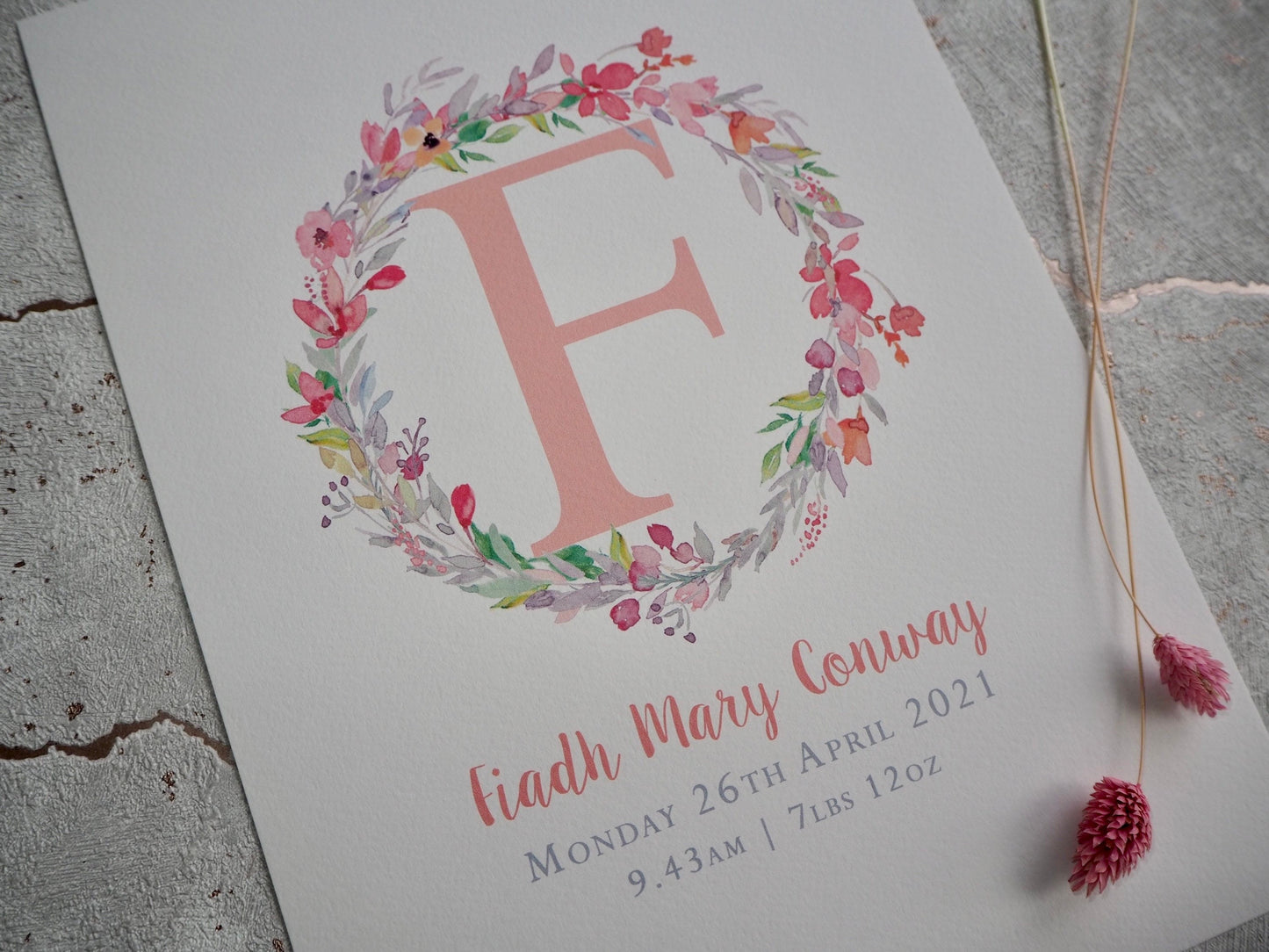 Initial Print | Floral Watercolour Wreath | Pink Floral | Personalised Gift