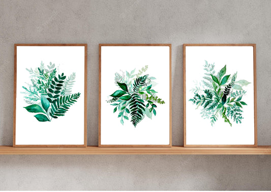 Green Foliage Watercolour Prints | Set of 3 Prints | Home Decor | Green Floral Art