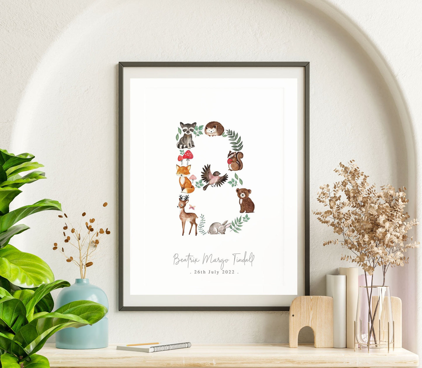 Initial Print | Watercolour Print | Newborn Print | Woodland Animal Theme Print